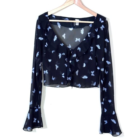 Divided Tops - Y2K Butterfly Sheer Chiffon Cropped Top Bell Sleeves Ruffle Collar Cardigan